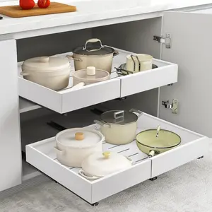 Adjustable Pull-Out Drawer Organizer, Expandable Kitchen and Bathroom Storage Cabinet with Adhesive, Easy Installation, Space-Saving Sliding Shelves