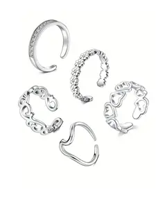 Punk Style Stainless Steel Toe Ring (5counts/set), Adjustable Open Toe Ring, Fashionable Rhinestone Decorated Toe Ring for Women & Men, Non Tarnish Jewelry, Maximalist Jewelry