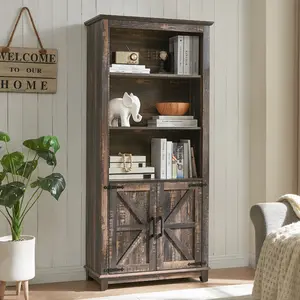 AMERLIFE Farmhouse Bookcase with Doors, 5 Shelf Bookshelf Storage Cabinet with Adjustable Shelves & Barn Door, Versatile Storage Pantry Cabinet