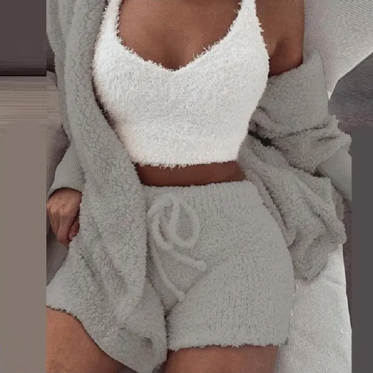 Women 3 Piece Fuzzy Loungewear Set Cami Shorts Cardigan