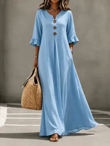 Women's Fall Winter New Solid Button V-Neck Long Dress, Elegant, Chic and Casual Midi Skirt, Comfortable Design for Daily Wear