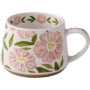 Pink Boho Floral Coffee Mug 13oz Handmade Vintage Ceramic Tea Cup Microwave and Dishwasher Safe Gift for Women