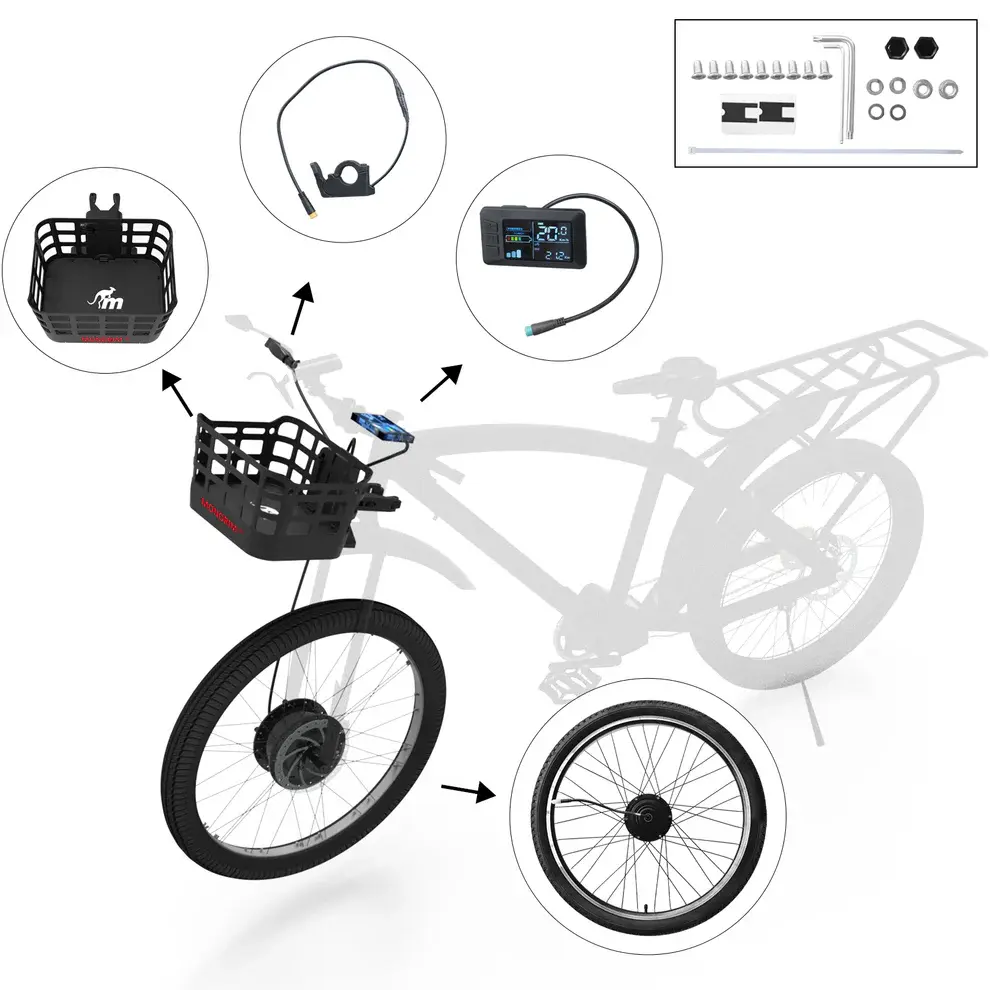 MONORIM E-Bike Conversion Kit, All-in-1 Bicycle Accessories with 36V 500W Brushless Front Hub Motor, Includes Battery, Basket, and LCD Display, Ebike Accessories