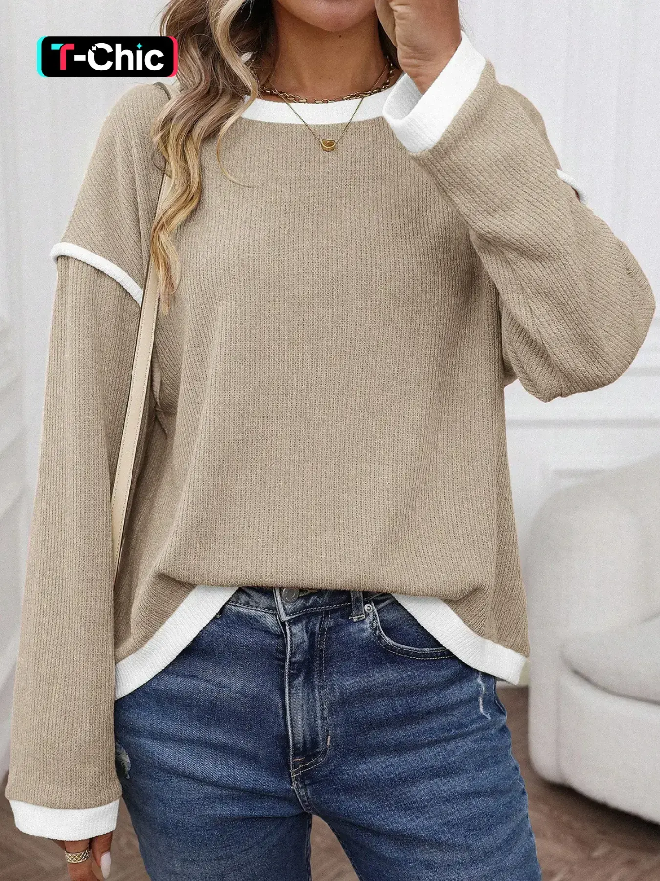 Hotapei Winter Casual Colorblock Knit Drop Shoulder Loose Fit Top, Women's Fashionable Long Sleeve Pullover, Comfortable Daily Wear