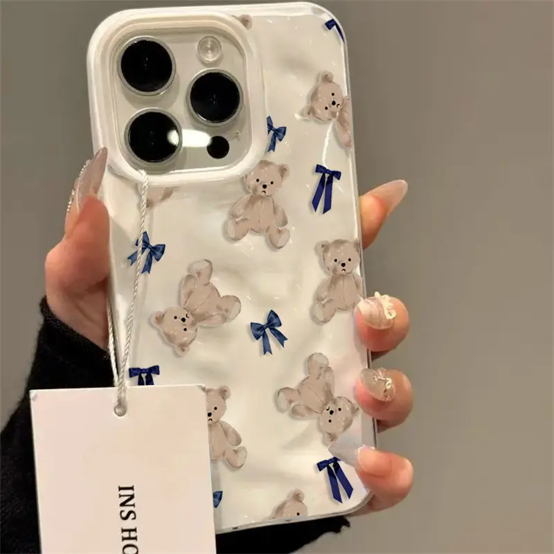 Cute bear and blue bow pattern texture phone case, suitable for Phone 17 16 Pro Max 15 14 Plus 13 12 11 Pro Max 17 Air 17 Pro Max Shockproof Soft Cover