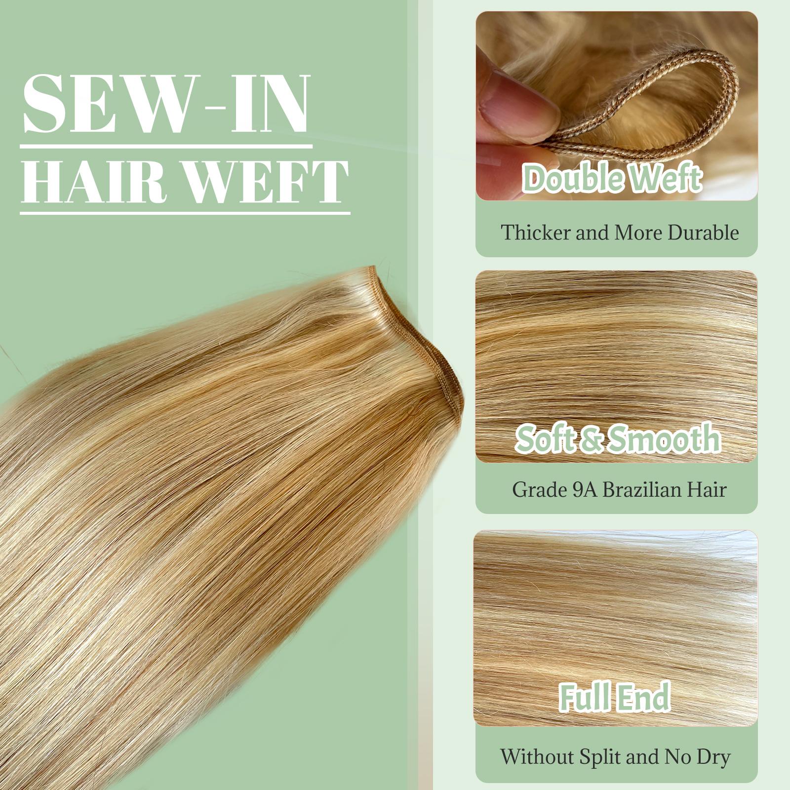 Balayage Blonde Sew In Extensions 24 Inch Real Human Hair Weft Extensions 120G Double Weft Remy Human Hair Bundles For Women Hand Tied Full Head Straight Hair Weaves