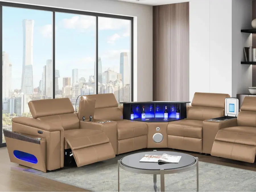 Nova Caramel Faux Leather 7-Piece Power Motion Sectional Sofa with Pop-Up Bar, Refrigerator, Bluetooth & LED – Matrix