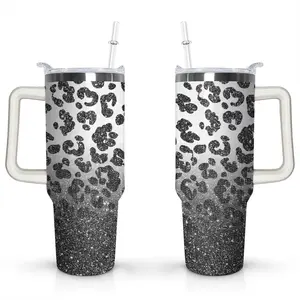 Leopard Pattern 40oz Stainless Steel Insulated Travel Tumbler, Top Handle + Flip Straw Lid, Double Wall Vacuum
