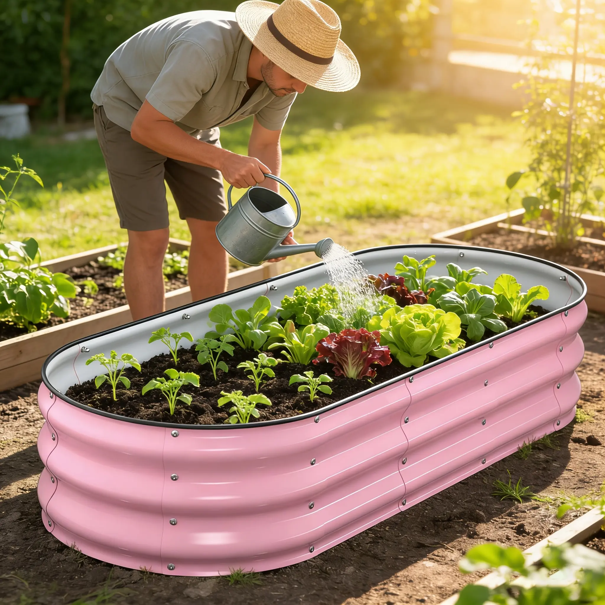 5×2×1ft Blush Pink Galvanized Metal Raised Garden Bed Kit, Large Planter Box with Safe Rolled Edges, Outdoor Raised Garden Bed for Vegetables, Flowers, and Fruit Trees