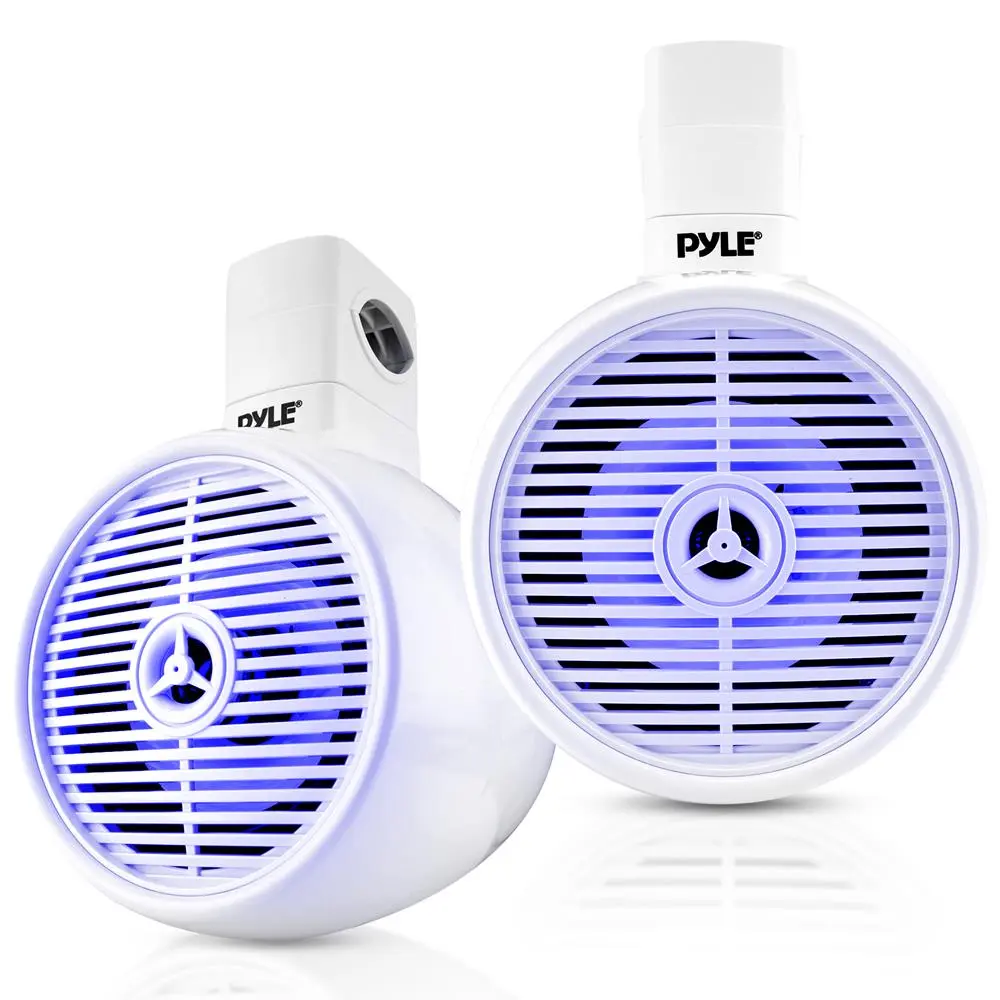 200W Heavy Duty Water Resistant White Wireless Bluetooth Marine Outdoor Bass Speakers with LED Light, Receiver Compatibility, Subwoofer Support, Smartphone Connection, Aux Cable, Device Pairing, Power Cord, Mini Box, 20kHz Frequency Response