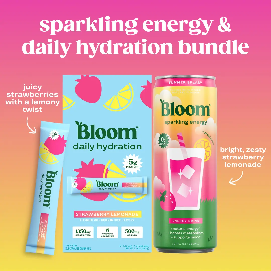 Summer Splash Bundle - Bloom Pop Summer Splash Prebiotic Soda (12 Pack) + Daily Hydration Sticks Strawberry Lemonade (5 Sticks)  - 1350mg Electrolytes, 5g Protein, Gut Health, Sugar-Free, No Caffeine, Hydration & Recovery