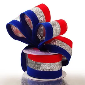 2 1/2" X 10 Yards Royal/Silver/Red Tri-Colored Wired Ribbon