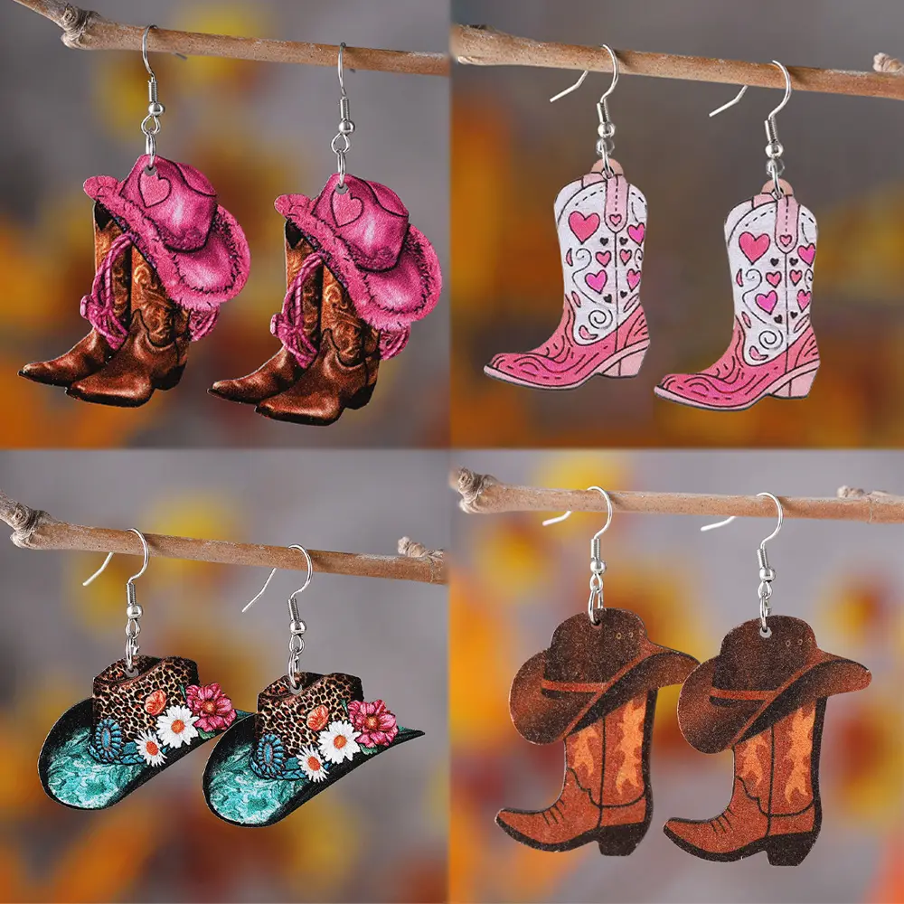 4 Pairs, Vintage Pink Flowers Denim Hat Boots Earrings Set Western Cowboy Boots Wooden Pendant Earrings Party Gift