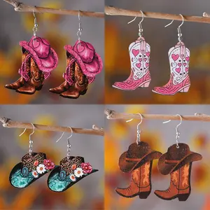 4 Pairs, Vintage Pink Flowers Denim Hat Boots Earrings Set Western Cowboy Boots Wooden Pendant Earrings Party Gift