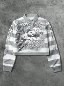 Unisex Street Style Angel Baby Striped Fashion Casual Sweatshirt, Long Sleeve Pullover for Y2K Looks, Perfect for Campus and Daily Wear