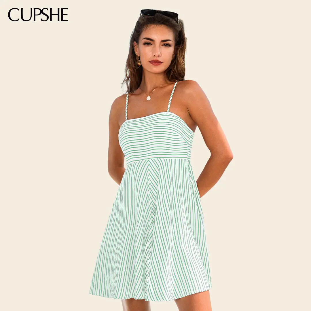 CUPSHE Women's Cute Dreamscape Striped Sleeveless Square Neck Woven Mini Dress - Casual Sundress for Summer Wear#tiktokshopbacktoschool