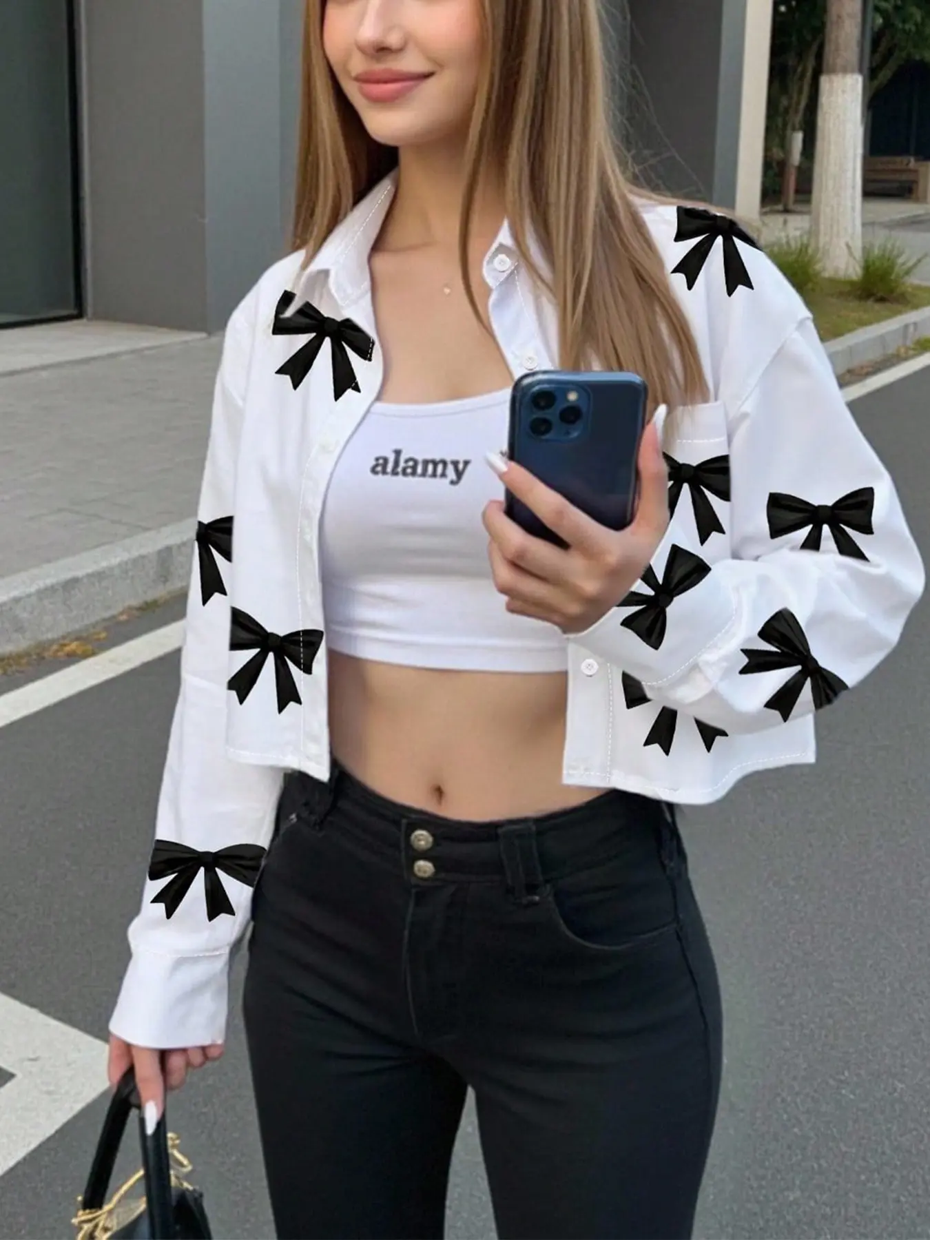 Women's Butterfly Print Drop Shoulder Long Sleeve Button Front Casual Short Blouse Shirt, Button Front Design, Fashionable Street Style, Comfortable Youthful Holiday Wear