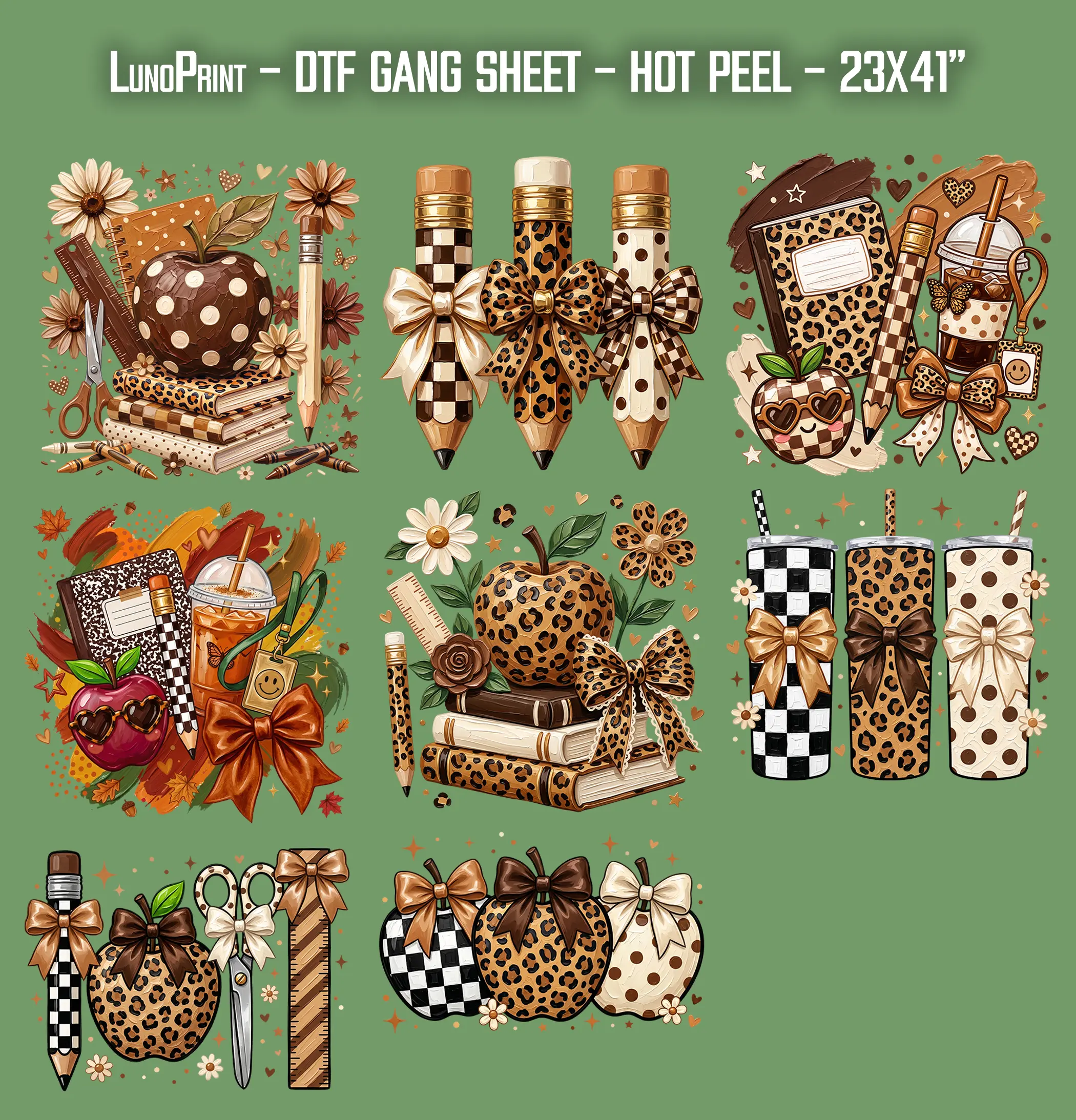 Leopard School DTF Gang Sheet 23x40 in. Back to School Ready-to-press Heat transfers