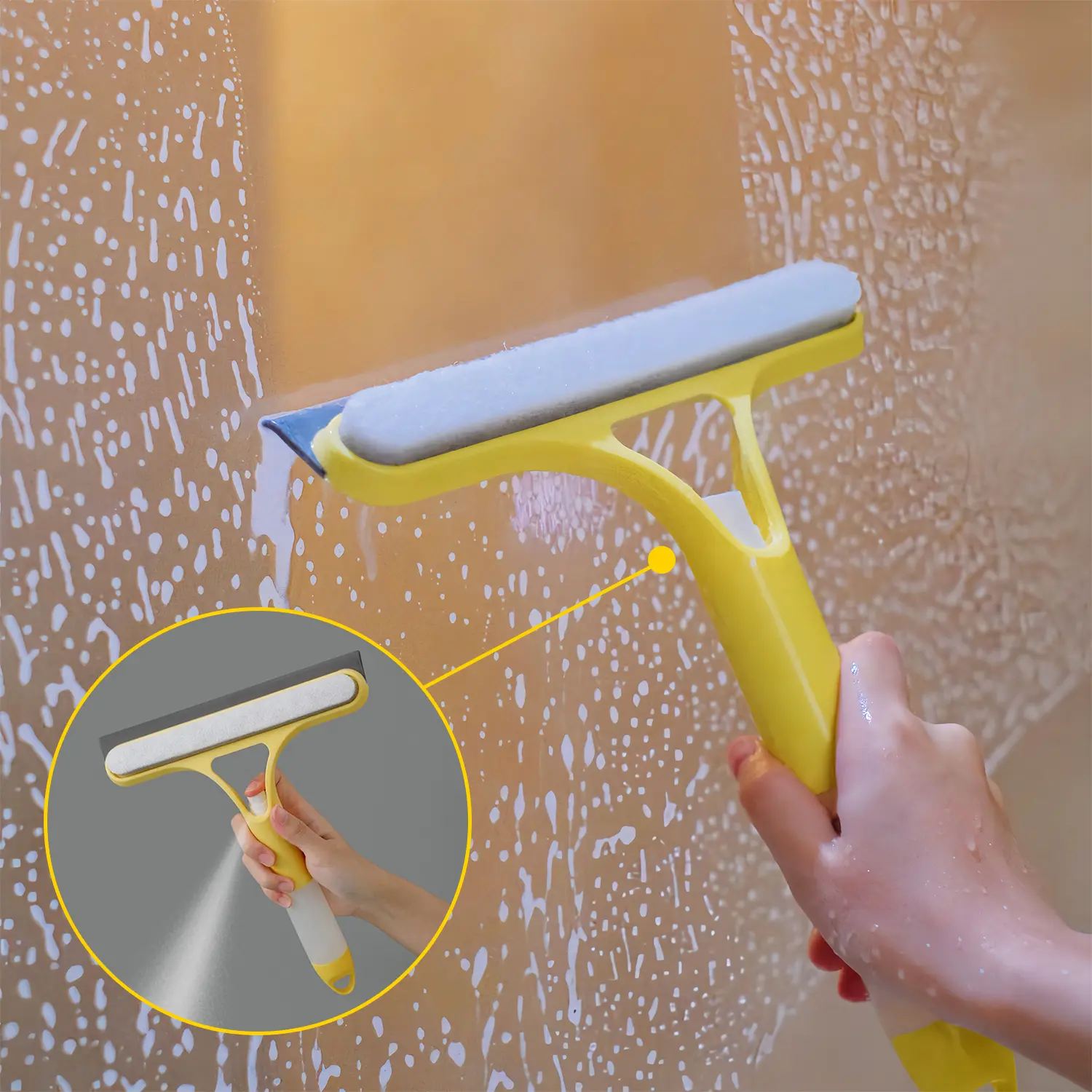 Bytamoro Home Multi-Function 3-in-1 Handheld Window Cleaning Tool - Silicone-Strong Plastic Squeegee 2.0, Scraper, Scrubber with Spray Bottle for Windshield, Desk, Bathroom Cleaners