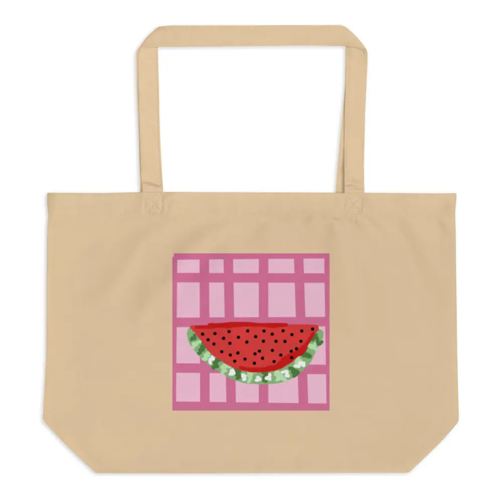 Large Tote Bag with Watermelon Print, Spacious Organic Twill Shopper with Double Handle for Groceries & Travel, One Size, Graphic