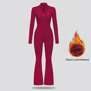 Women’s Long-Sleeve Zip-Up Bodysuit – Warm Fleece-Lined Active Jumpsuit for Fall/Winter | High-Elastic Yoga & Athleisure Outfit, Comfortable Sportswear for Outdoor & Loungewear