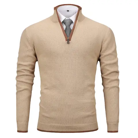 Zaitun Menswear Fitted Mock Neck Quarter-Zip Knitwear Sweater - Elegant Long Sleeve Elevated Fitted Zip-Front Pullover, Argyle Collar, Lightweight Polyester, Autumn Winter Casual Top, Navy Blue