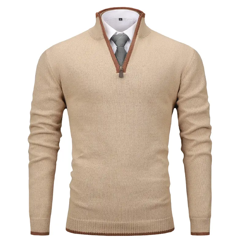 Zaitun Men's Quarter-Zip Knitwear Top - Autumn Winter Fashion Menswear, Slim Fit, Lightweight Mock Neck, Argyle Knitted Collar, Casual Polyester Long-Sleeve Pullover, Navy Blue, Tops, Longsleeves, Slim Fit Polish, Blue Knit Men's Pullover, Body-Fit Men's