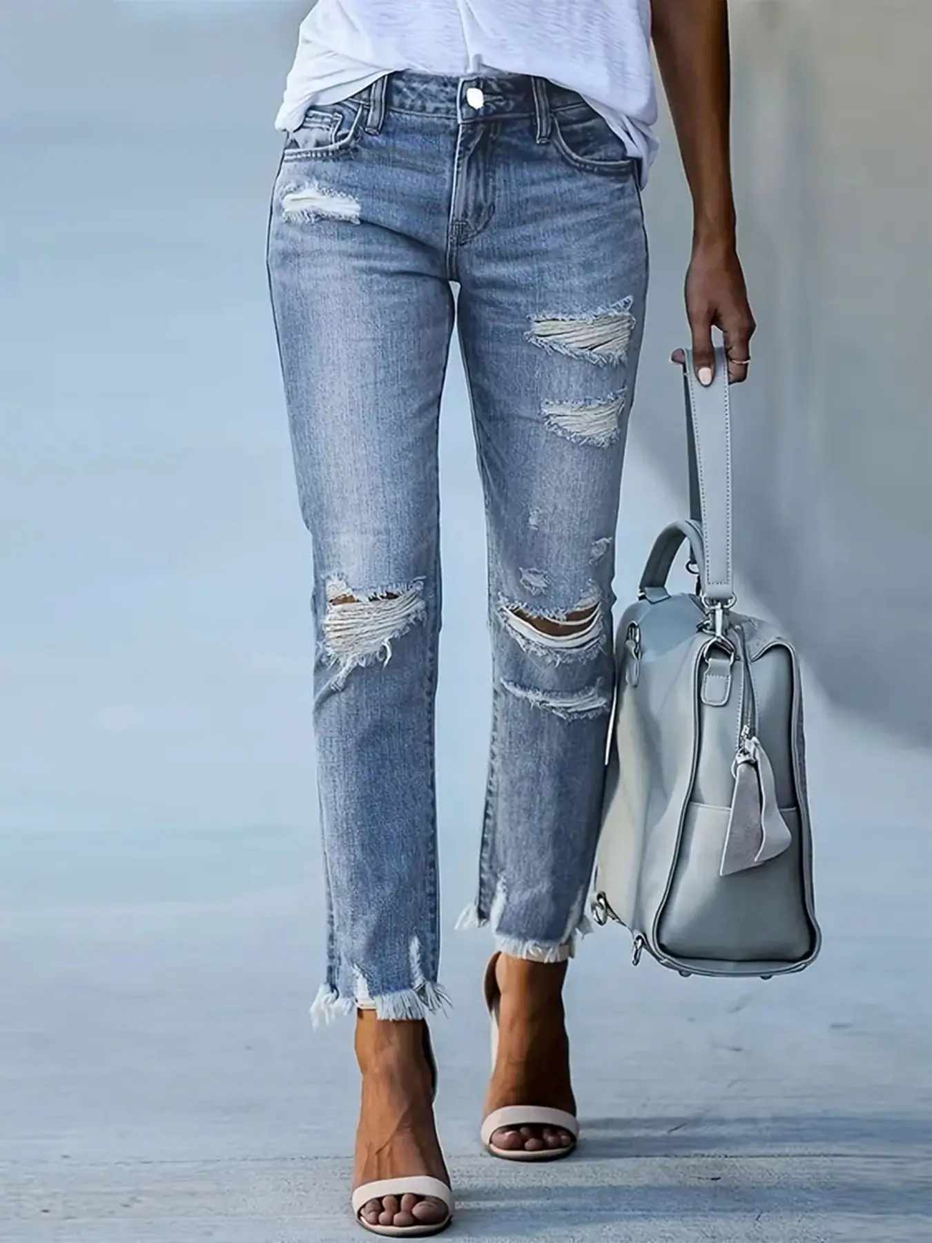 Women's Distressed Casual Plain Denim Jeans Trouser with Ripped Design, Elastic Fashion Versatile Blue Jean Pants, Slim-Fitting Casual Streetwear All Seasons Clothing, Womenswear
