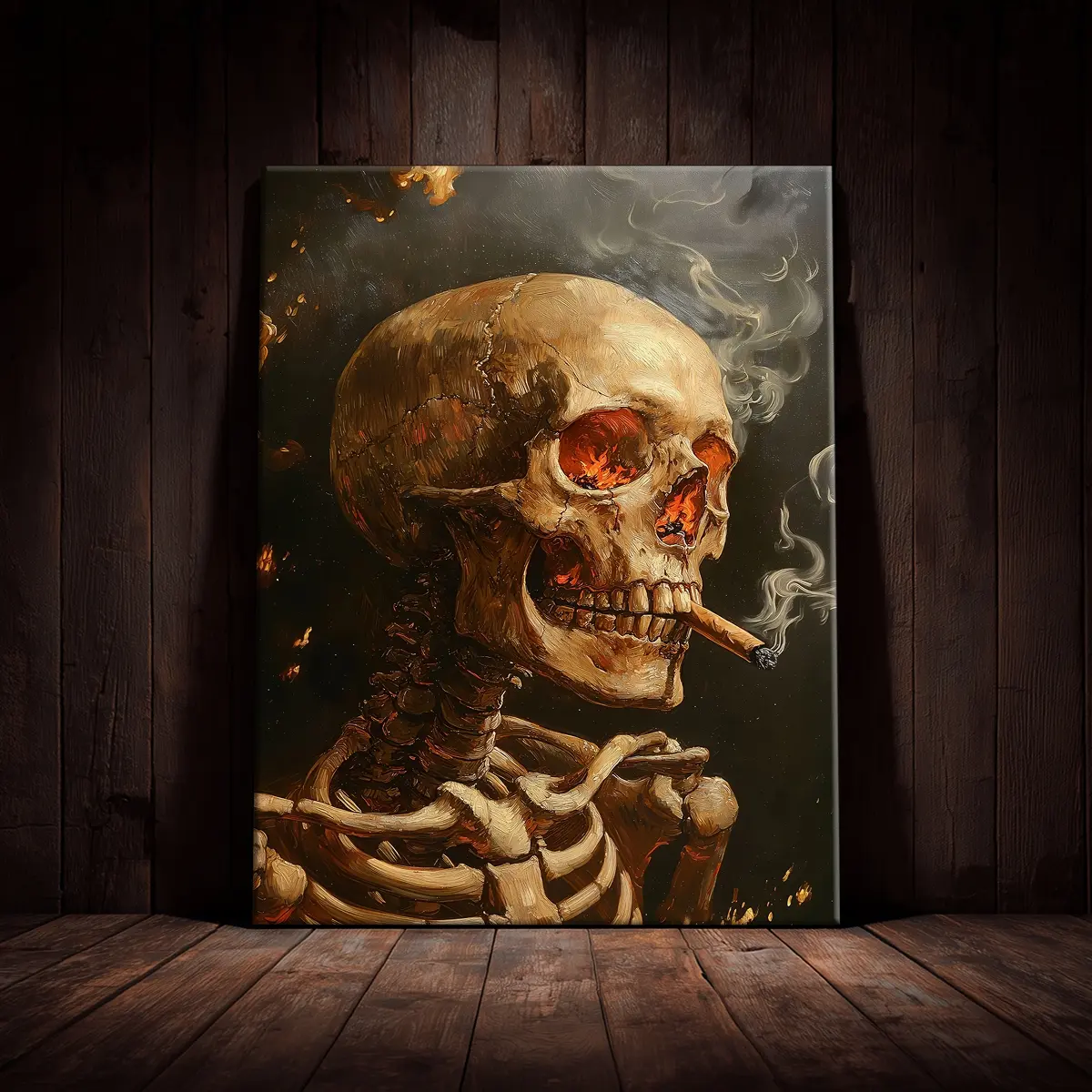 1 Count Halloween Wooden Framed Canvas, Skeleton Design Smoking Poster, Halloween Spooky Decorative Poster, Horror Party Hanging Picture, Modern Art Living Room, Bedroom, Family Decoration, Interesting Artwork Poster, Waterproof, Wall Art