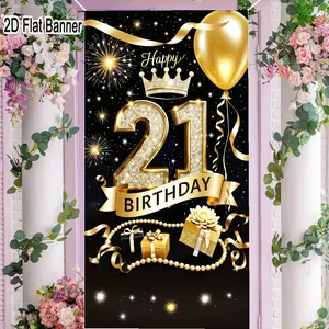2D flat banner, 1pc21st Birthday Backdrop, Sparkling Silver 21s with Gold Crown & Ribbon, Festive Black Background Party Decorations for 21 Year Old Celebrationgalentines party decor, valentine day decor, decorations for valentines day
