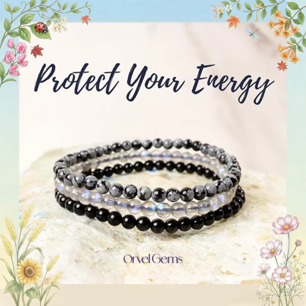 Shield Your Aura Stack | Healing Crystal Bracelet Set | 4mm Protection Stones | High Vibe Jewelry for Men & Women Energy Stackable Grounding Protective Amethyst Snowflake Obsidian