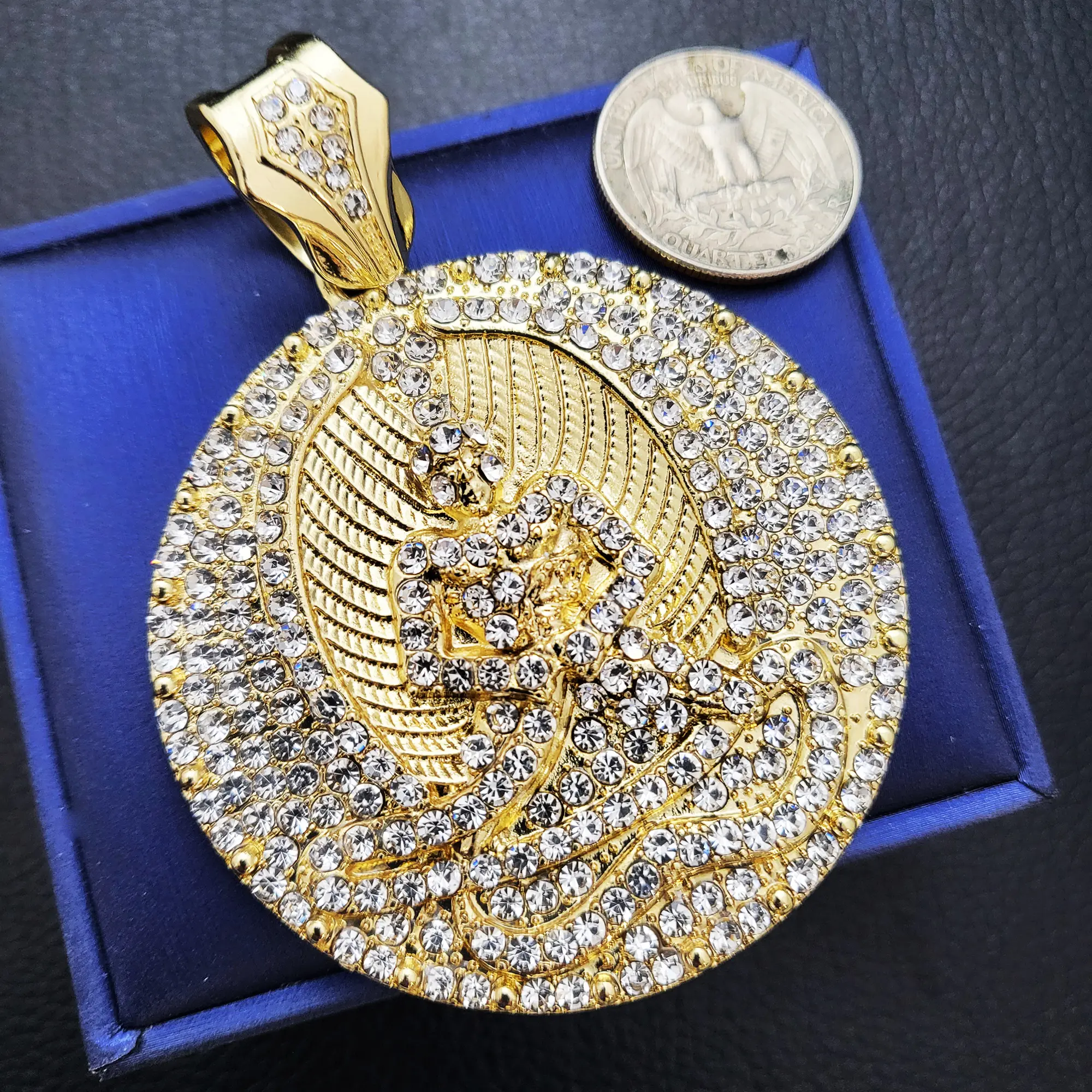 MaxBling81 Large Iced Out Figure Medal Pendant - Unisex Gold-Plated Metallic Hip Hop Rapper Style Charm with Cubic Zirconia, Bold Statement Piece for Daily Wear, Costume Jewelry Charm