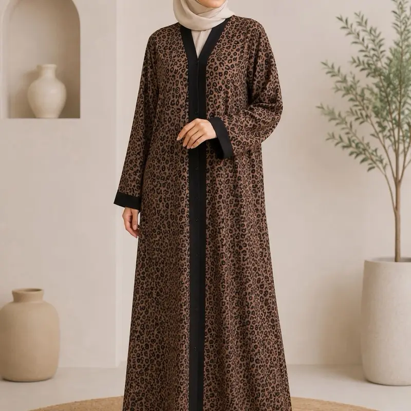 Leopard Print Open Front Kimono Abaya – Casual Modest Cardigan