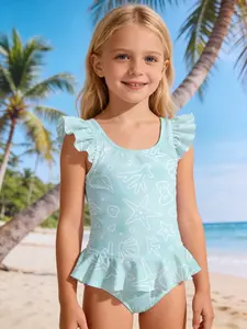 Summer Collection Girls' One-Piece Swimsuit Sun Protection Quick-Dry Swimming Suit Starfish Seashell Ocean Pattern Print Beach Vacation Hot Spring Swimsuit Quick-drying, Lightweight, Breathable, Skin-friendly