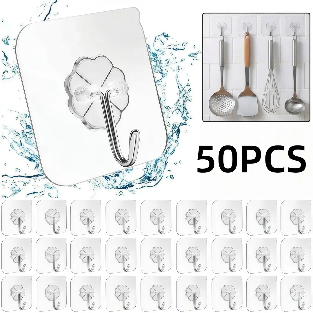 50 Pcs Stainless Steel Self-Adhesive Multifunctional Wall Hooks - Home Supplies, Smooth Finish, Easy Install, Quick Setup, Plastic-Free, Ideal for Bathroom Storage Organization