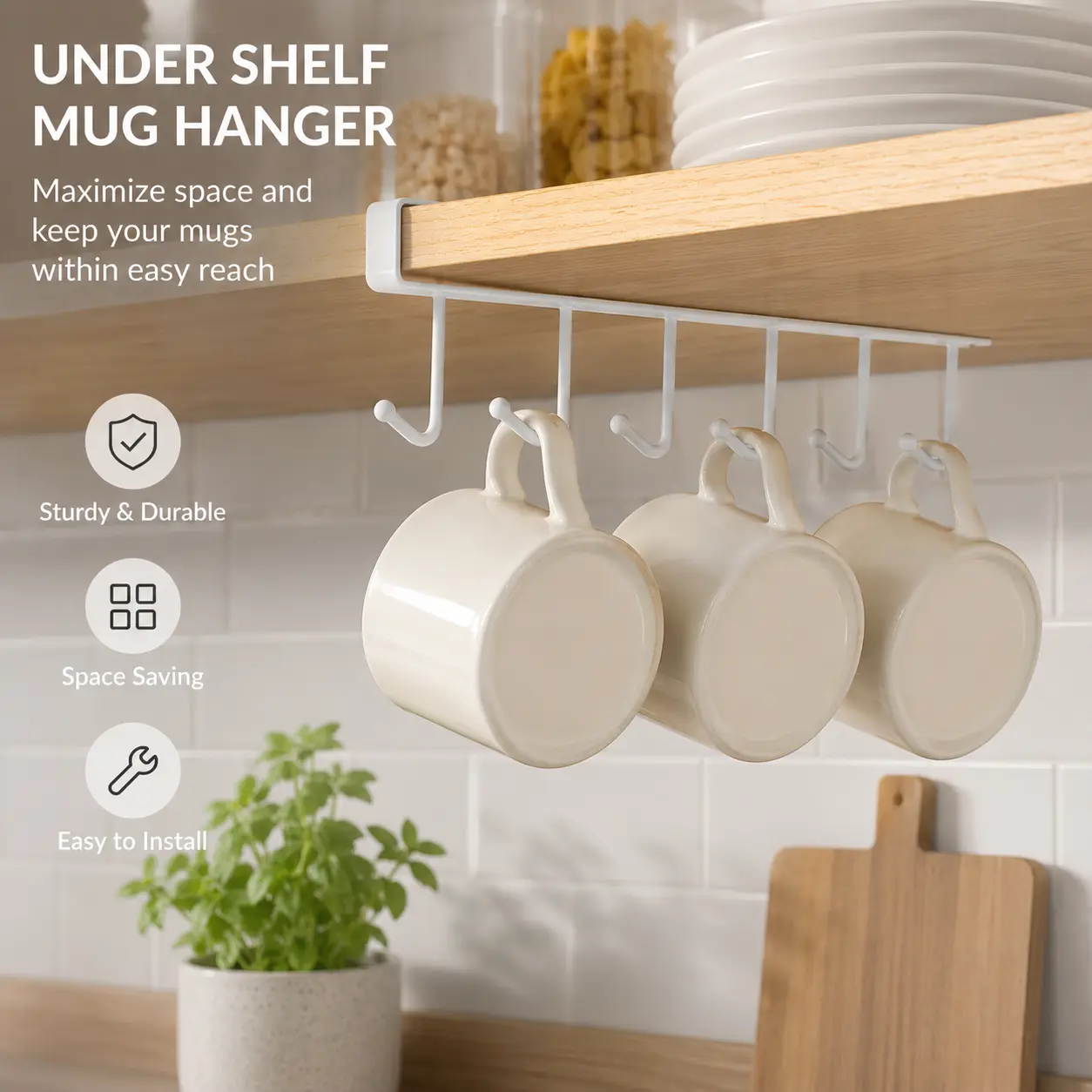 1 Count Under Cabinet Mug Hook Rack, 6 Hooks White Iron Hanger for Kitchen Shelf to Hang Cups Mugs and Small Kitchen Utensils