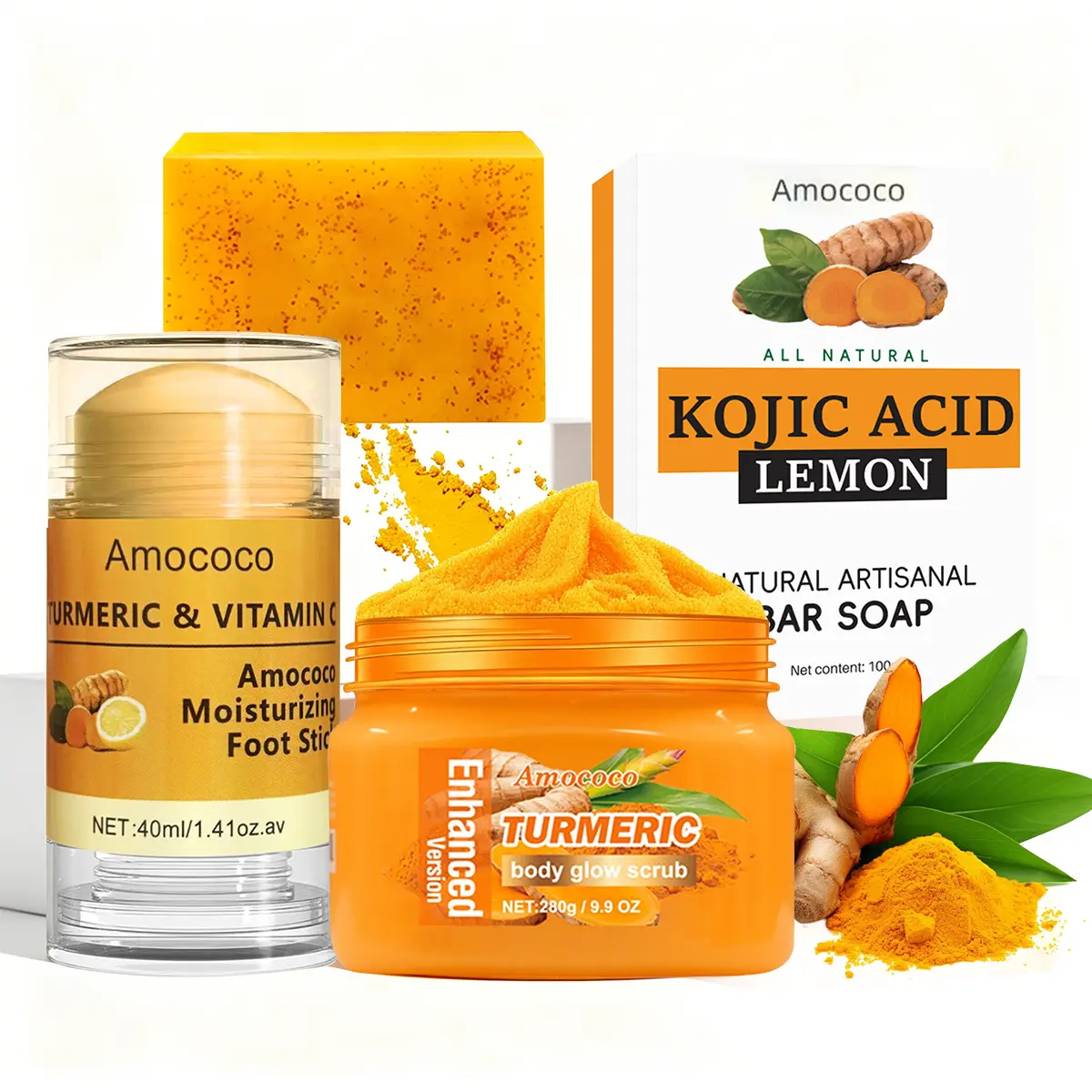 Turmeric Series Full Body Targeted Care Set | Turmeric Heel Repair Stick + Turmeric Soap + 280g Body Scrub, Daily Deep Cleansing & Foot Skincare Routine Care