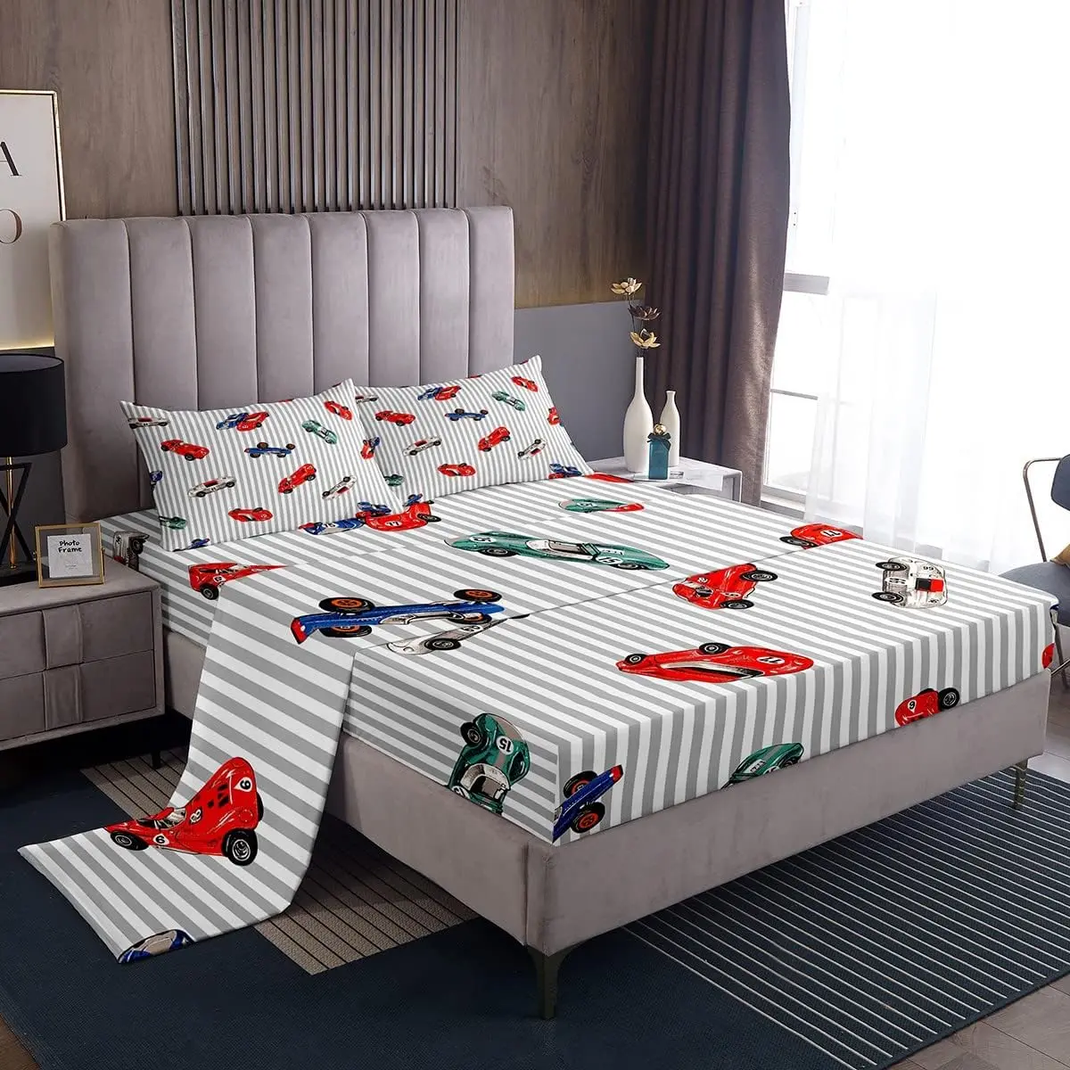 Feelyou Race Car Bedding Set - Microfiber Material, Soft Breathable Fitted Sheet, White Grey Flat Sheet for Boys Girls, Bedding Sheets
