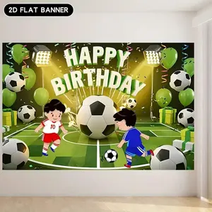 1PC Polyester Reusable 2D Flat Soccer-Themed Birthday Banner - Children's Party Decoration Backdrop with Cartoon Football Players on Field Scene, Home Festive Wall Decor