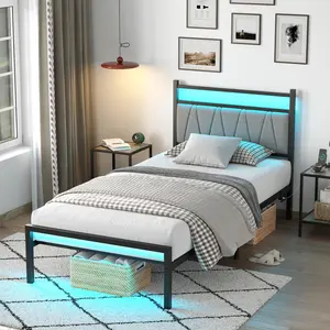Metal Bed Frame Full Size with Storage Headboard and Charging Station LED Lights Modern Design Full Bed Frame Metal for Bedroom Furniture (Black)