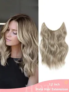 Halo Hair Extensions 12 Inch Invisible Wire Hair Extensions Adjustable Long Wavy Hair Extensions Synthetic Clips In Hairpieces-Ash Brown Highlights