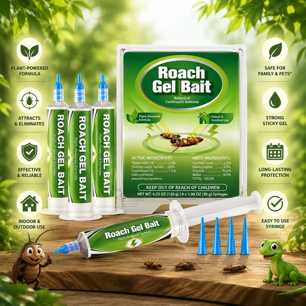 Household Items Cockroach Gel Bait Indoor, 120g (4 x 30g Precision Syringes), Botanical Essential Oil Blend with Peppermint & Cedarwood, Targets German Roaches, Ideal for Kitchens, Cabinets