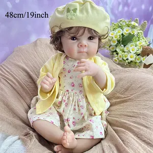 TopLink 19-inch Vinyl Limbs Cloth Body 48cm Baby Doll Toy with Curly Brown Hair, Includes Clothes Set, Pacifier, Feeding Bottle & Birth Card, Ideal for Kids' Birthday Gifts