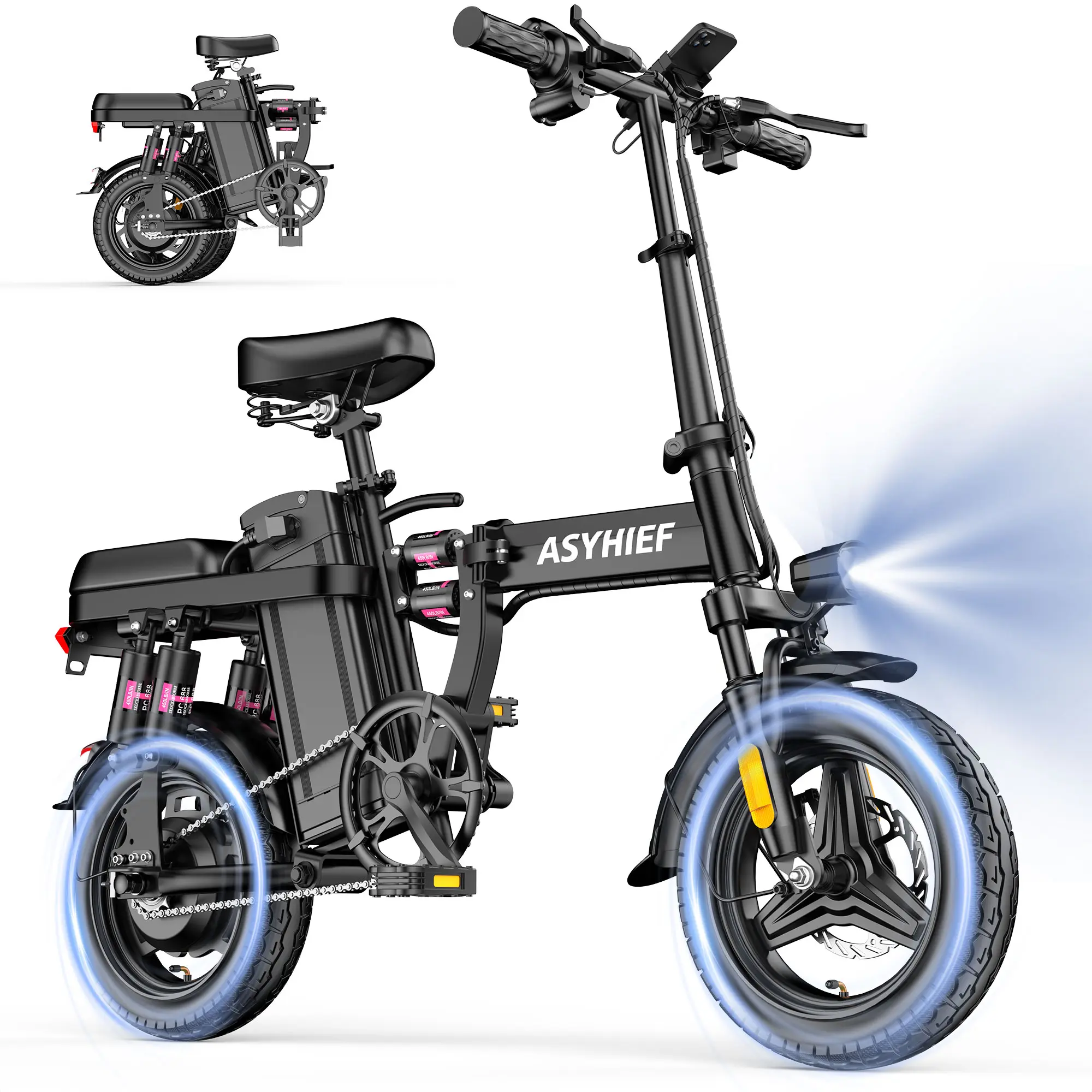ASYHIEF A10 Portable Folding Electric Bike 14 Inch Wheel,1500W Peak Power,48V 10AH Detachable Battery ，Max Speed 25MPH, 15-35Miles Range,11-Level Full Suspension Dual Hydraulic Disc Brake,IPX65 Waterproof,8 Second Fast Fold Storage