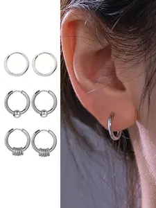 Women's Stainless Steel Earrings Set, Elegant Round Bead Dangle Hoop Earrings, Daily Wear Stackable Jewelry Accessories