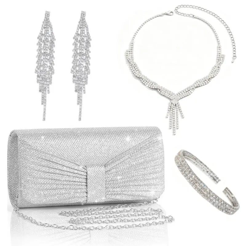 4 Pcs Silver Clutch Purse Jewelry Set for Women Rave Accessories Evening Rhinestone Purse Silver for Bride Wedding