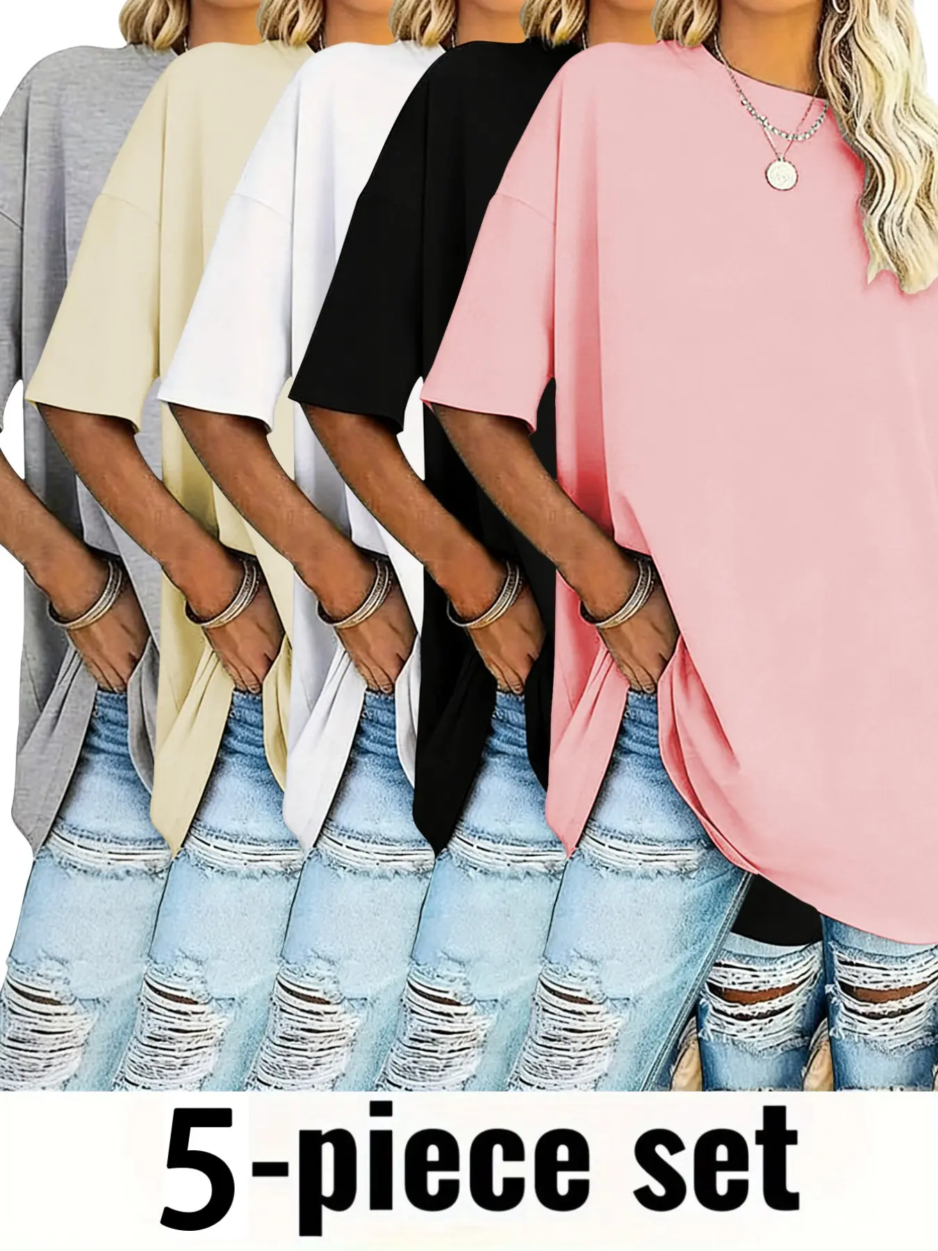 Women's 5-Pack Basic Solid Color Oversized T-Shirt Set, Summer Everyday Casual Loose Short Sleeve Tees Top, Multi-Color Combo
