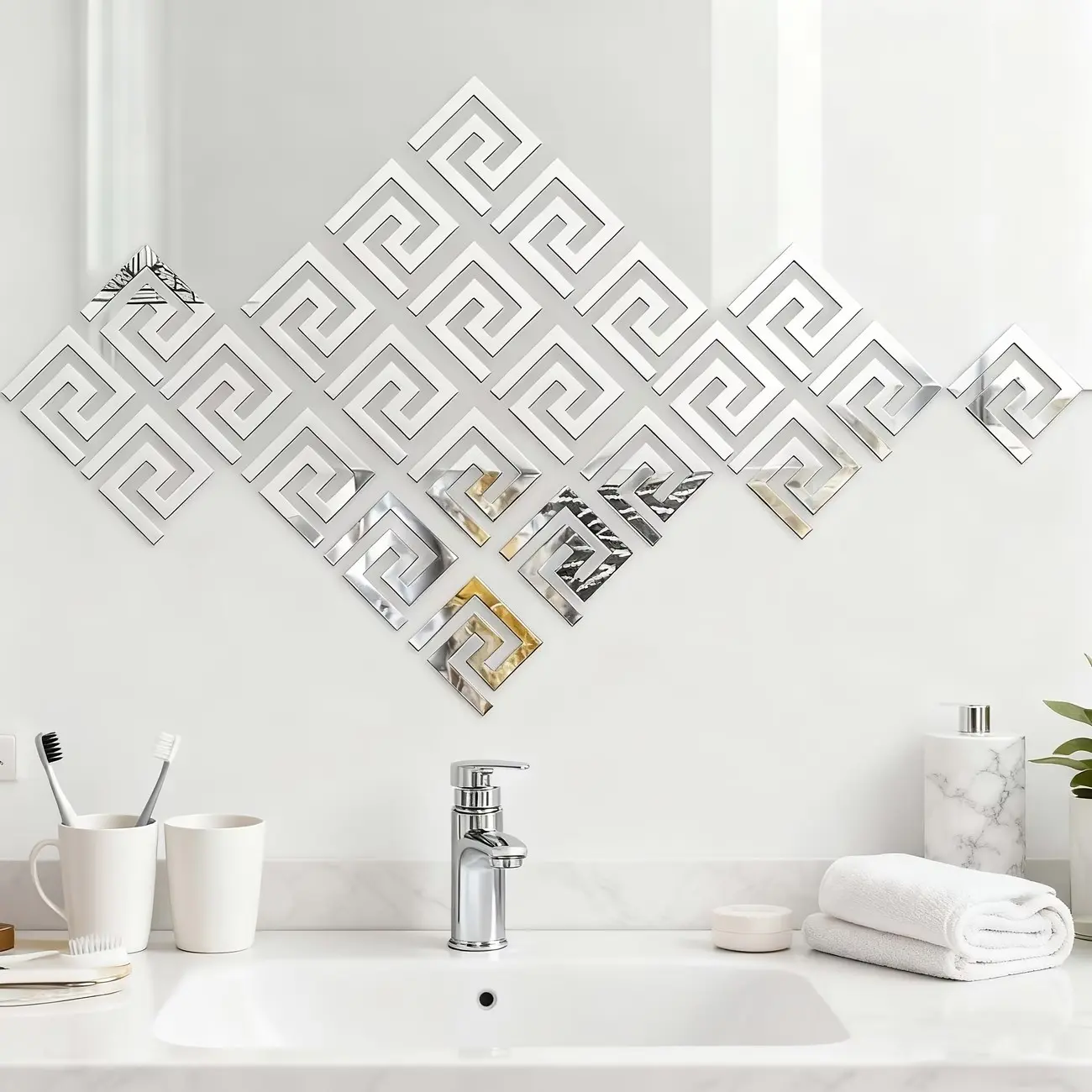 24pcs， Silver square hollow acrylic mirror sticker, wall stickers, Wall Decal, self-adhesive removable seamless wall decoration, used for living room, bathroom, bathroom, bedroom background wall, home DIY waistline decoration
