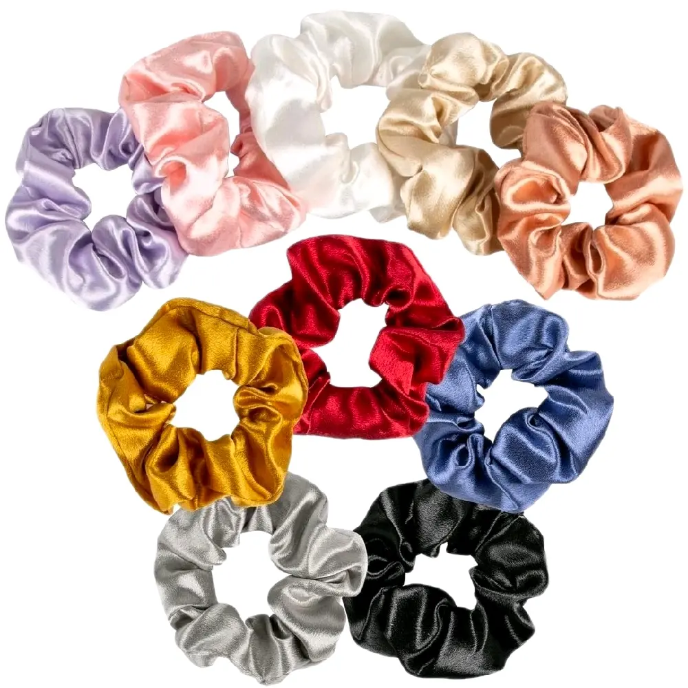 Satin Scrunchies, 10-Count Synthetic Plain Basic Ouchless Elastic Hair Ties for Everyday Use