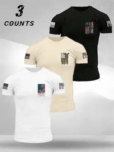 American Vintage Distressed Flag Logo T-Shirt, Stretch Fabric, Men's Daily Commute/workout Casual Short Sleeve Top, Loose-Fit Street Style